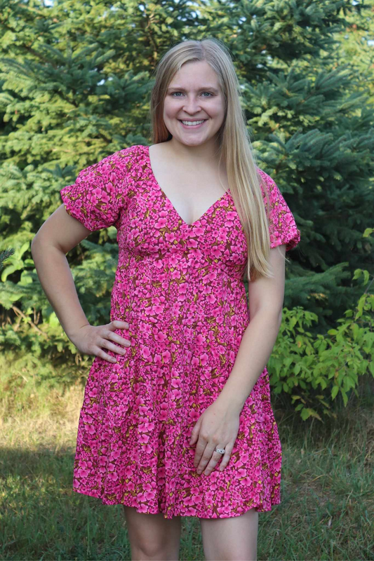 Pink Floral V-neck Dress