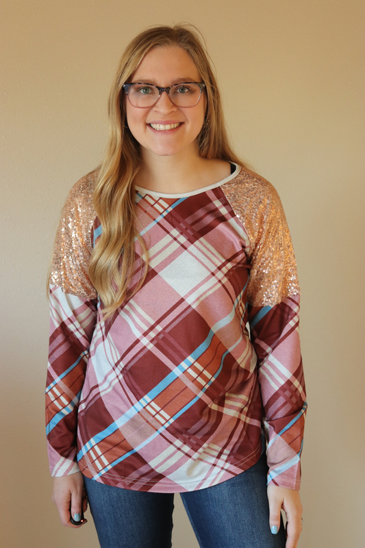 Sequin Shoulder Plaid Long Sleeve