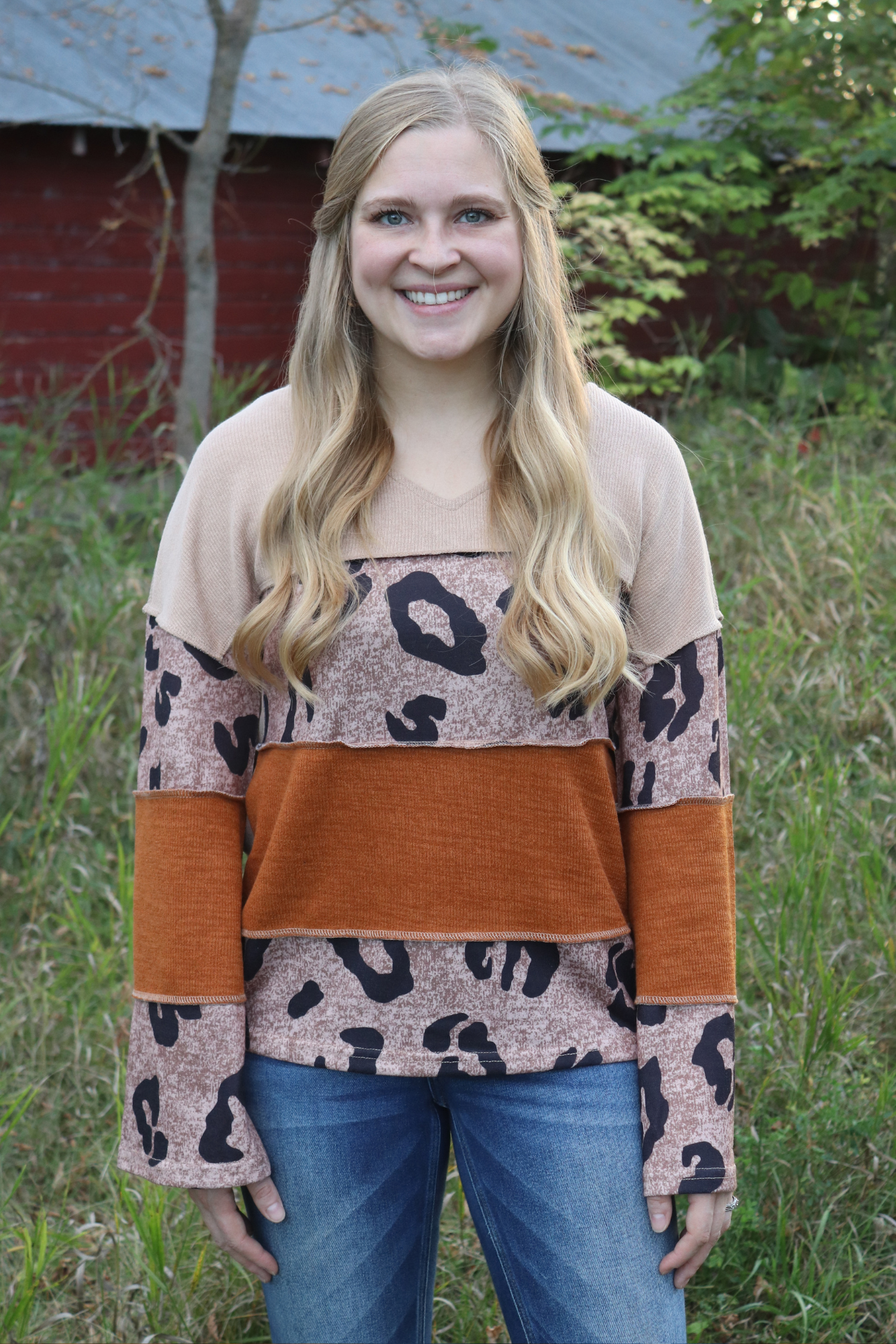 Rust and Leopard Colorblock Top