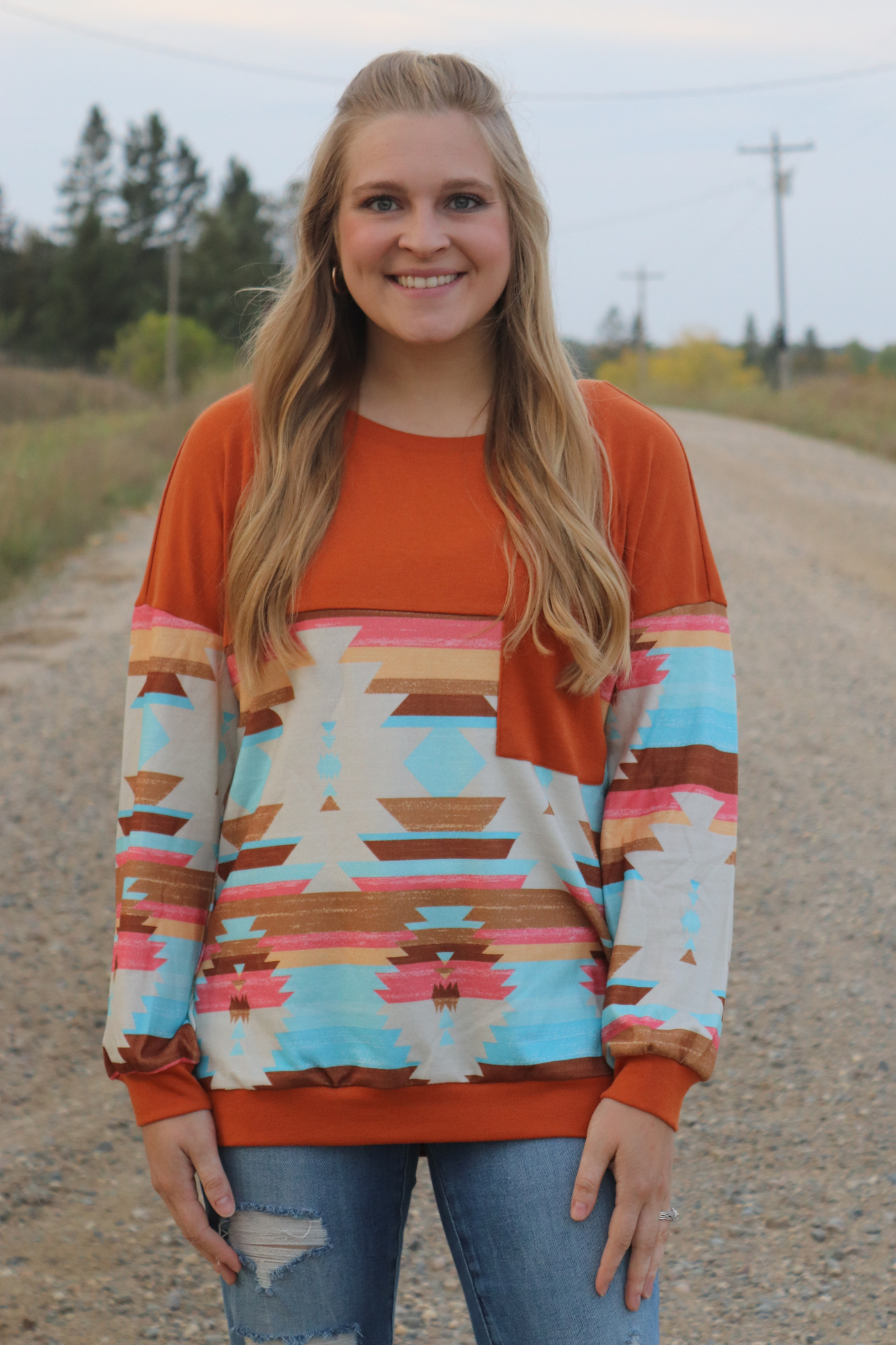 Rust Aztec Long Sleeve Top