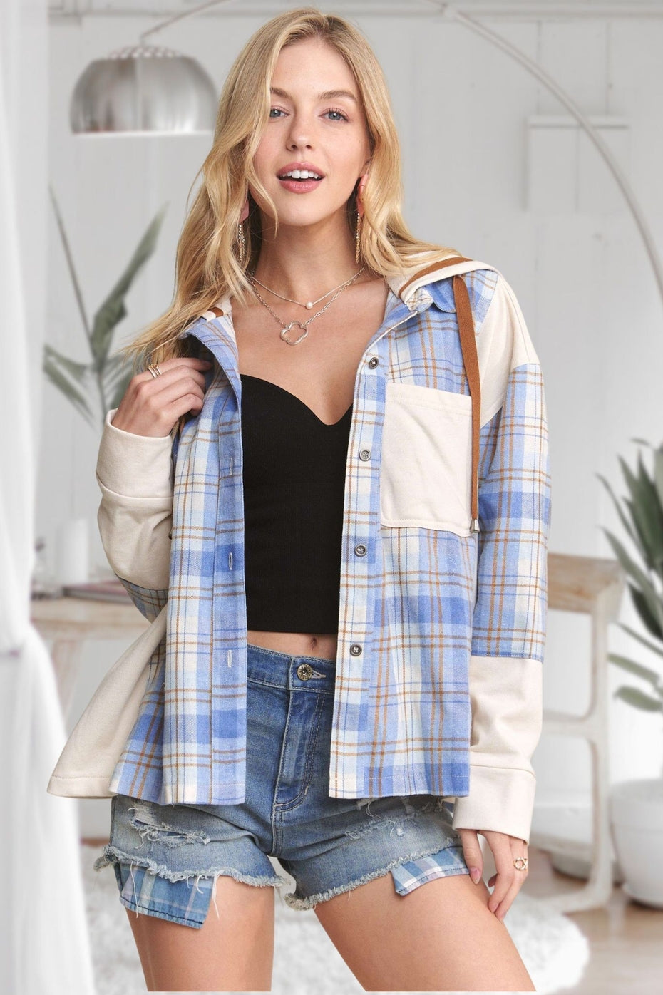 Blue/Ivory Hooded Button Up