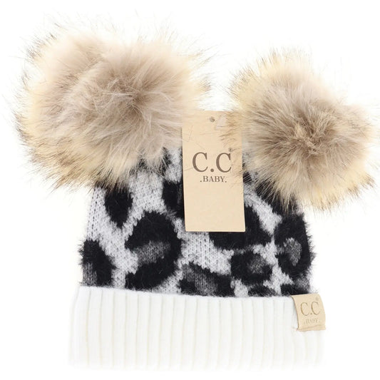 Baby Ivory Leopard Double Pom CC Beanie