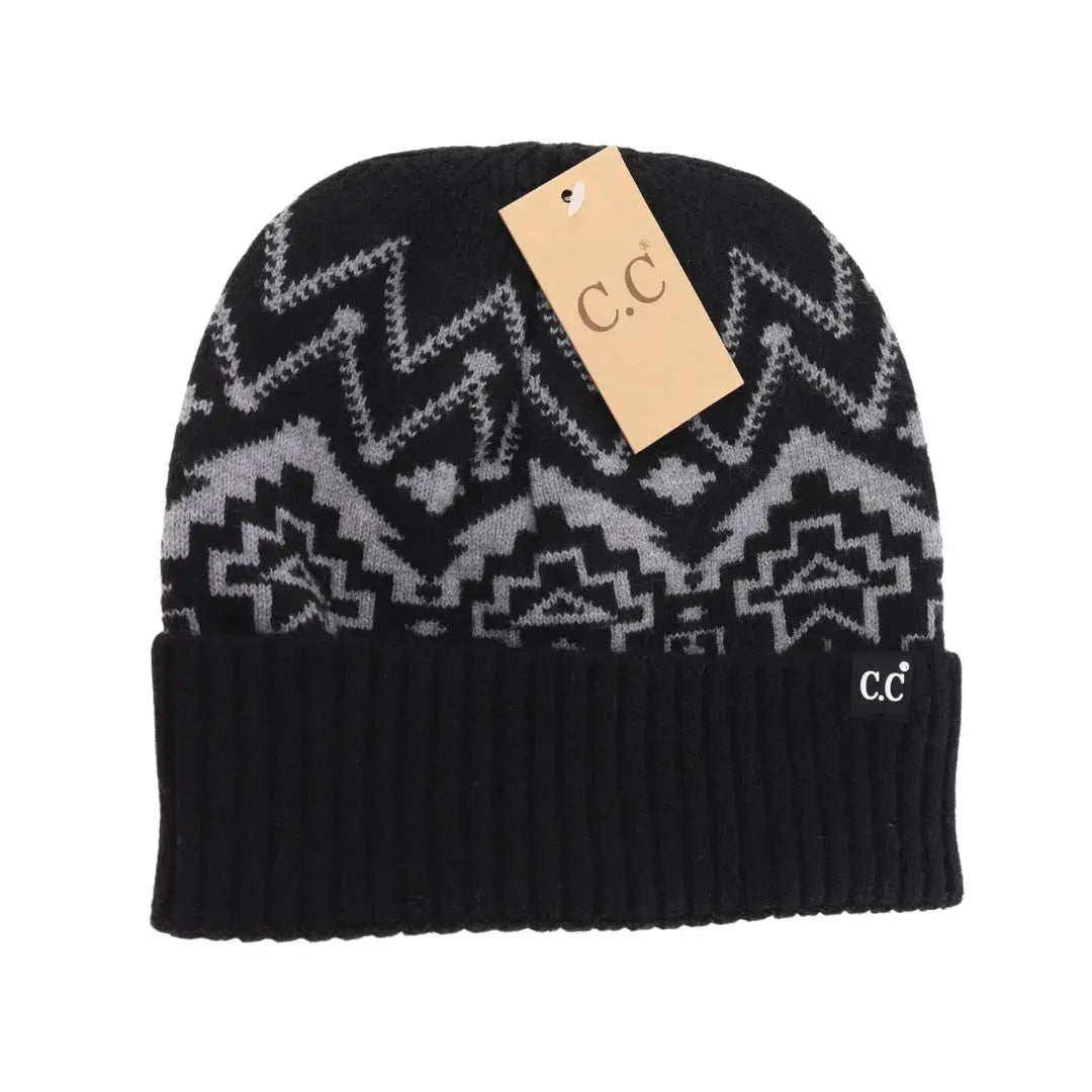 Black Aztec Cuffed CC Beanie