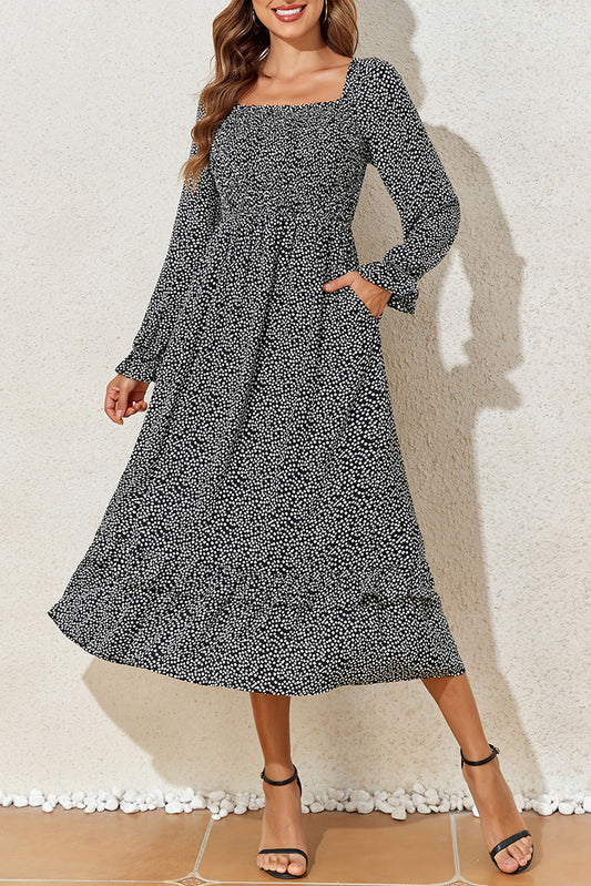 Black Floral Smocked Long Sleeve Midi Dress