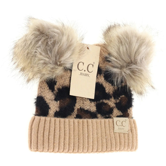 Baby Latte Leopard Double Pom CC Beanie