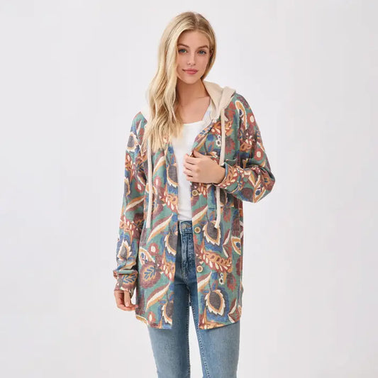 Teal Mix Boho Hooded Shacket