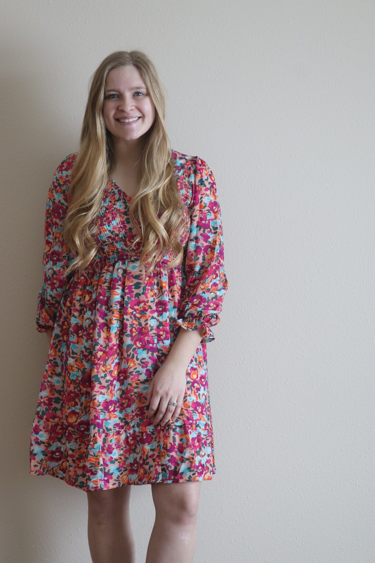 Pink Smocked V-Neck Dress