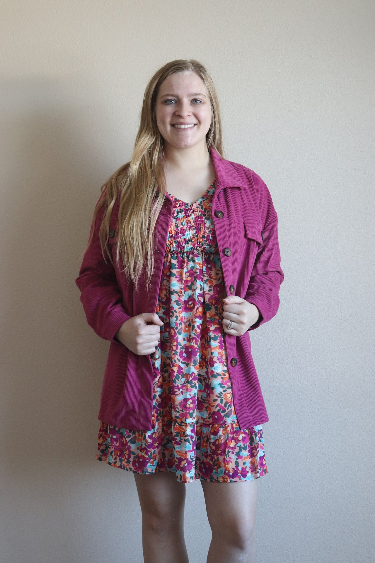 Pink Smocked V-Neck Dress