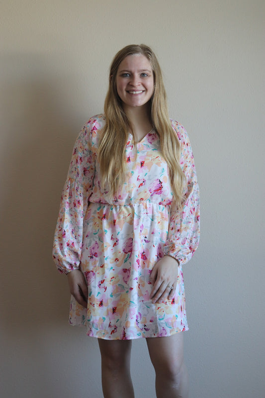 White Floral Bubble Sleeve Dress