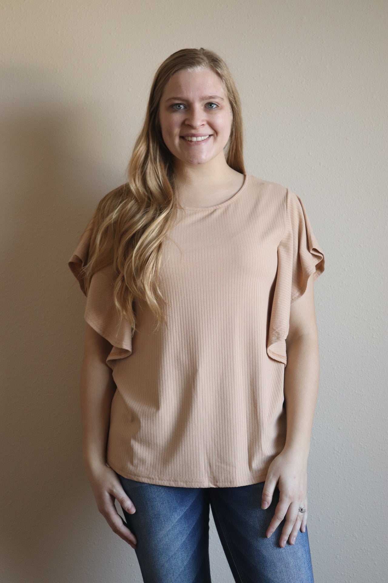 Tan Ruffle Sleeve Top