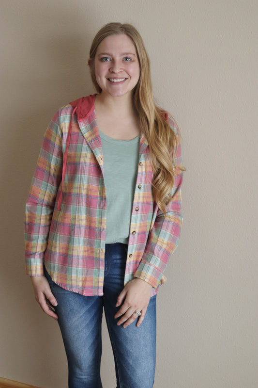 Pastel Plaid Hooded Shirt